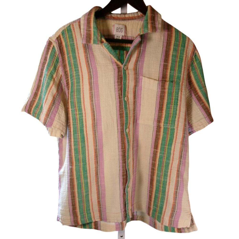 BDG Multicolor Vertical Stripe Short Sleeve Button-Down Shirt